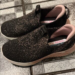 Skechers Black and Pink Knit Slip-Ons size 1